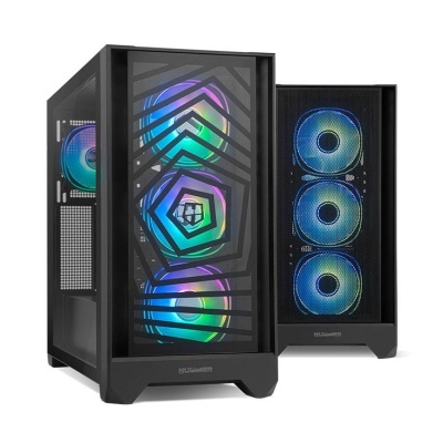 Dois gabinetes de computador pretos com ventoinhas RGB iluminadas