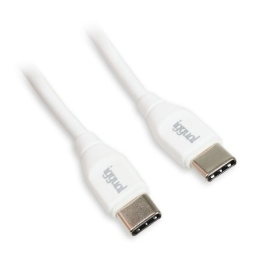 Cabo USB tipo C branco com conectores metálicos e logo igual.
