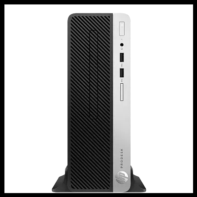 Computador de secretária compacto preto com painel frontal prateado e várias portas