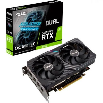 Placa gráfica ASUS Dual GeForce RTX 3050 com duas ventoinhas e embalagem preta com texto azul e branco