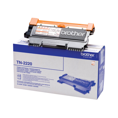 Cartucho de toner Brother TN-2220 em cima da caixa azul e branca