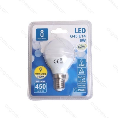 Lâmpada LED G45 E14 6W em embalagem azul com detalhes técnicos