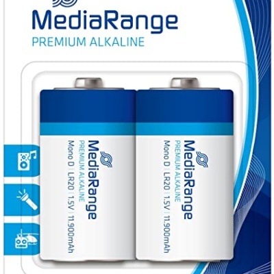 Embalagem com duas pilhas alcalinas MediaRange Mono D LR20 1.5V azul e branca