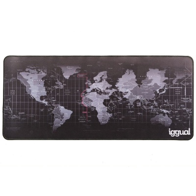 Tapete para rato com mapa mundi em tons cinza e preto e logótipo iggual