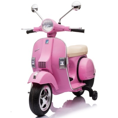 Scooter eléctrica infantil rosa com banco bege e rodas de apoio