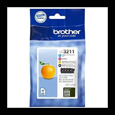 Embalagem azul de cartucho de tinta Brother LC3211 com imagem de laranja