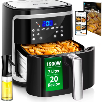Fritadeira elétrica Aigostar preta com batatas, spray de óleo, livro de receitas e smartphone