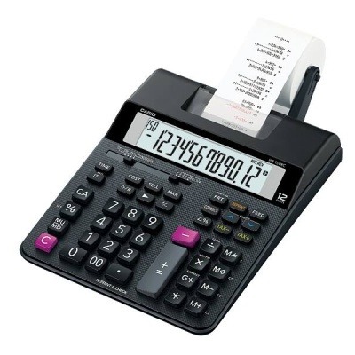 Calculadora de mesa preta com impressora e visor digital
