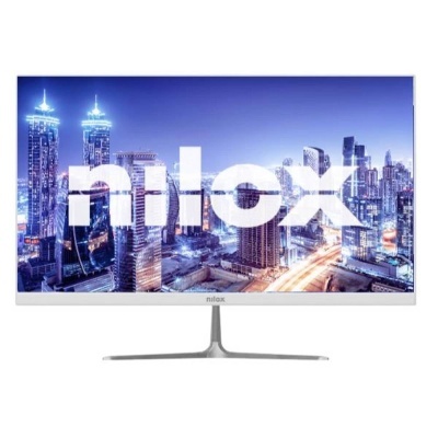 Monitor Nilox ultra-wide branco com base metálica a mostrar imagem noturna de cidade iluminada