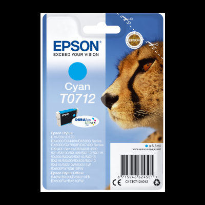Cartucho de tinta Epson Cyan T0712 com imagem de guepardo na embalagem