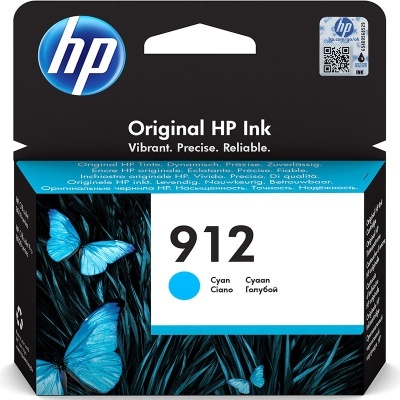 Embalagem de tinta HP 912 ciano com imagem de borboletas azuis