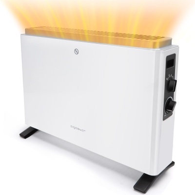 Aquecedor elétrico branco com controlo lateral e grelha amarela a emitir calor