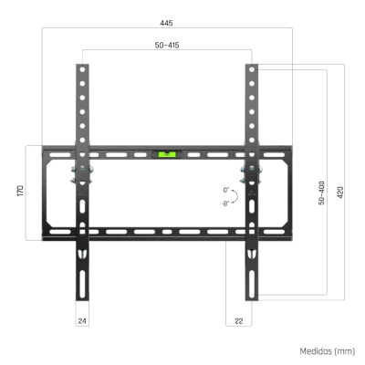 Suporte de parede para TV em metal preto com nível de bolha e várias aberturas para fixação, com medidas indicadas