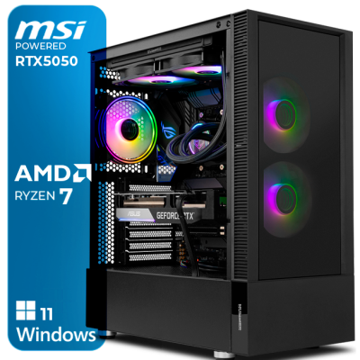 Computador de secretária preto com iluminação RGB e especificações AMD Ryzen 7 e RTX 5050.