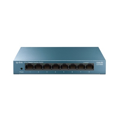 Switch de rede tp-link azul com 8 portas Gigabit Ethernet.