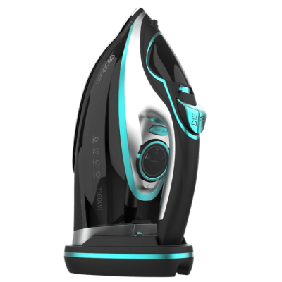 Ferro de engomar a vapor Cecotec preto com detalhes em azul turquesa