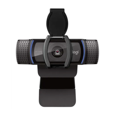 Webcam preta com tampa protetora aberta e lentes ao centro