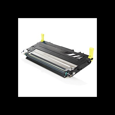 Cartucho de toner preto para impressora com detalhes amarelos sobre fundo branco