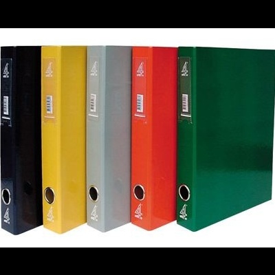 Cinco dossiers coloridos de arquivo em pé, preto, amarelo, cinza, vermelho e verde