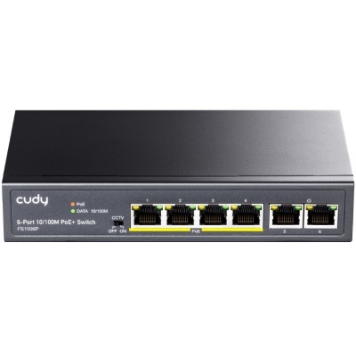 Switch de rede Cudy 6-Port 10/100M PoE+ preto com seis portas RJ45