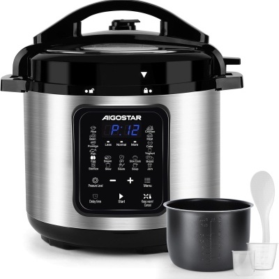 Panela elétrica de pressão Aigostar com acessórios e painel digital com várias funções.