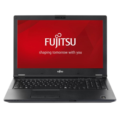 Computador portátil Fujitsu preto com ecrã vermelho e texto branco.