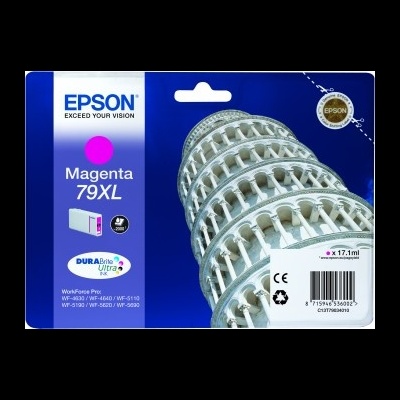 Embalagem de tinta Epson Magenta 79XL, fundo azul, Torre de Pisa, selo Epson
