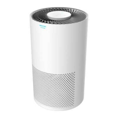 Purificador de ar branco cilíndrico com grelha superior e orifícios de ventilação