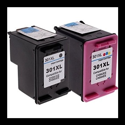 Dois tinteiros de impressora compatíveis, 301XL, um preto e outro colorido.