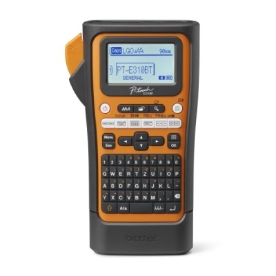 Impressora de etiquetas portátil Brother PT-E310BT preta e laranja com ecrã LCD e teclado QWERTY