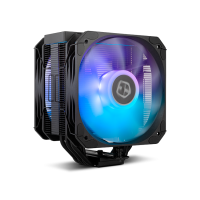 Cooler para computador preto com ventoinha LED azul e roxo