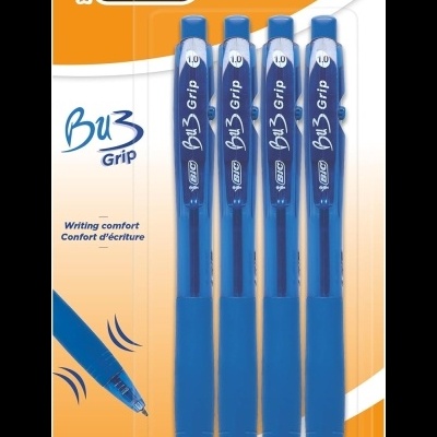 Pack de quatro esferográficas BIC Bu3 Grip azuis com ponta 1,0 mm em embalagem laranja e branco