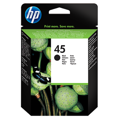 Embalagem tinta HP preta modelo 45 com flores verdes e borboleta azul
