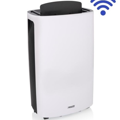 Desumidificador portátil branco e preto com logótipo PRINCESS e ícone Wi-Fi azul