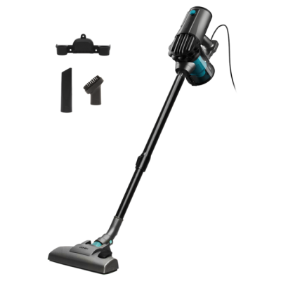 Aspirador sem fios preto e azul com tubo longo e acessórios