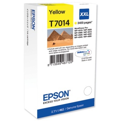 Caixa de cartucho de tinta Epson amarela T7014 XXL com informação de compatibilidade e imagem das pirâmides