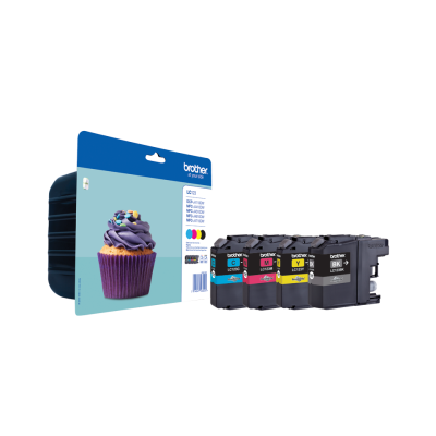 Conjunto de tinteiros Brother com embalagem azul e imagem de cupcake roxo