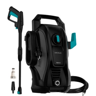 Máquina de pressão para limpeza Cecotec preta com detalhes azul, pistola e acessórios