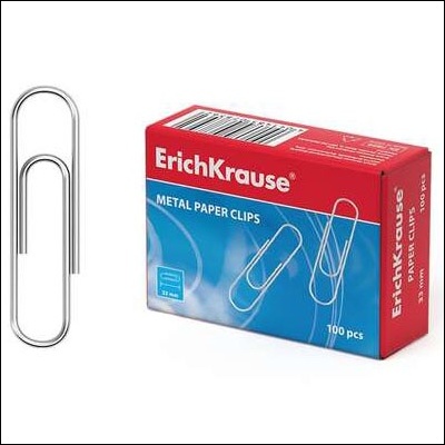 Caixa de clipes de papel metálicos ErichKrause com um clipe prateado fora da caixa