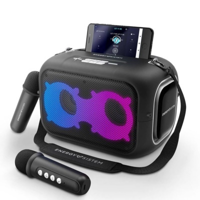 Coluna portátil preta ENERGY SISTEM com luzes LED e dois microfones sem fios