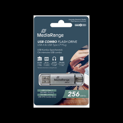 Pen USB MediaRange 256 GB USB-A e USB tipo C em embalagem azul escuro