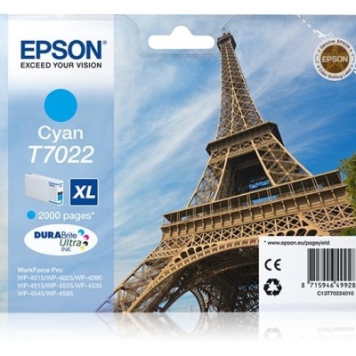 Embalagem de tinta Epson Cyan T7022 XL com foto da Torre Eiffel e informação de 2000 páginas
