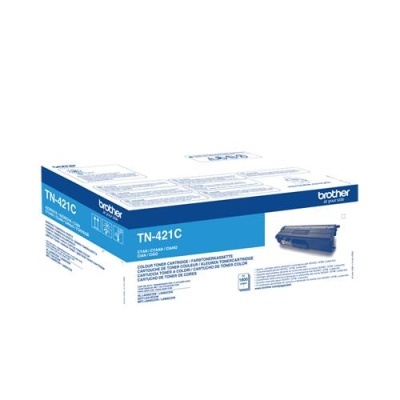 Caixa de cartucho de toner Brother TN-421C azul e branco com imagem do cartucho