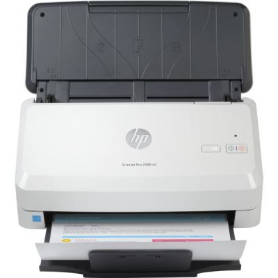 Scanner HP ScanJet Pro 2000 s2 branco e cinzento com papel na bandeja
