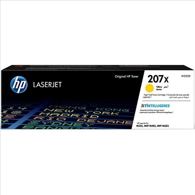 Caixa de toner HP LaserJet 207x amarelo para impressora com design preto e texto informativo