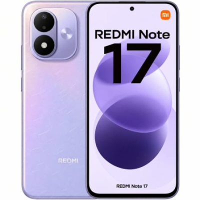 Telemóvel Redmi Note 17 lilás com câmara dupla e ecrã frontal com texto Redmi Note 17