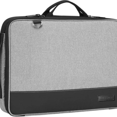 Mala cinza e preta para computador portátil com alça e fecho