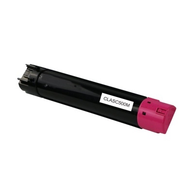 Cilindro de toner preto com tampa rosa e etiqueta CLASC500M isolado