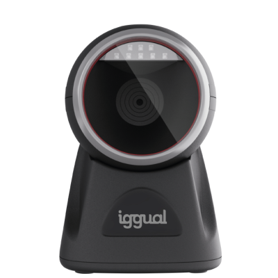 Leitor de código de barras preto com lente circular e marca iggual