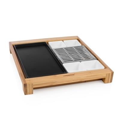 Conjunto raclette madeira, chapa preta, grelha metálica e 4 recipientes cerâmicos brancos